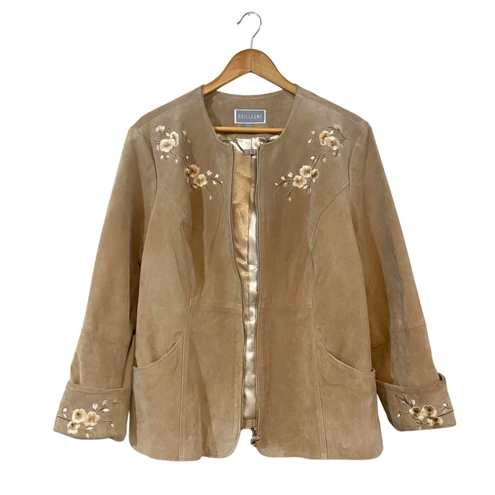 Guillaume | Genuine Leather Vintage Beige Floral Embroidered Blazer Jacket